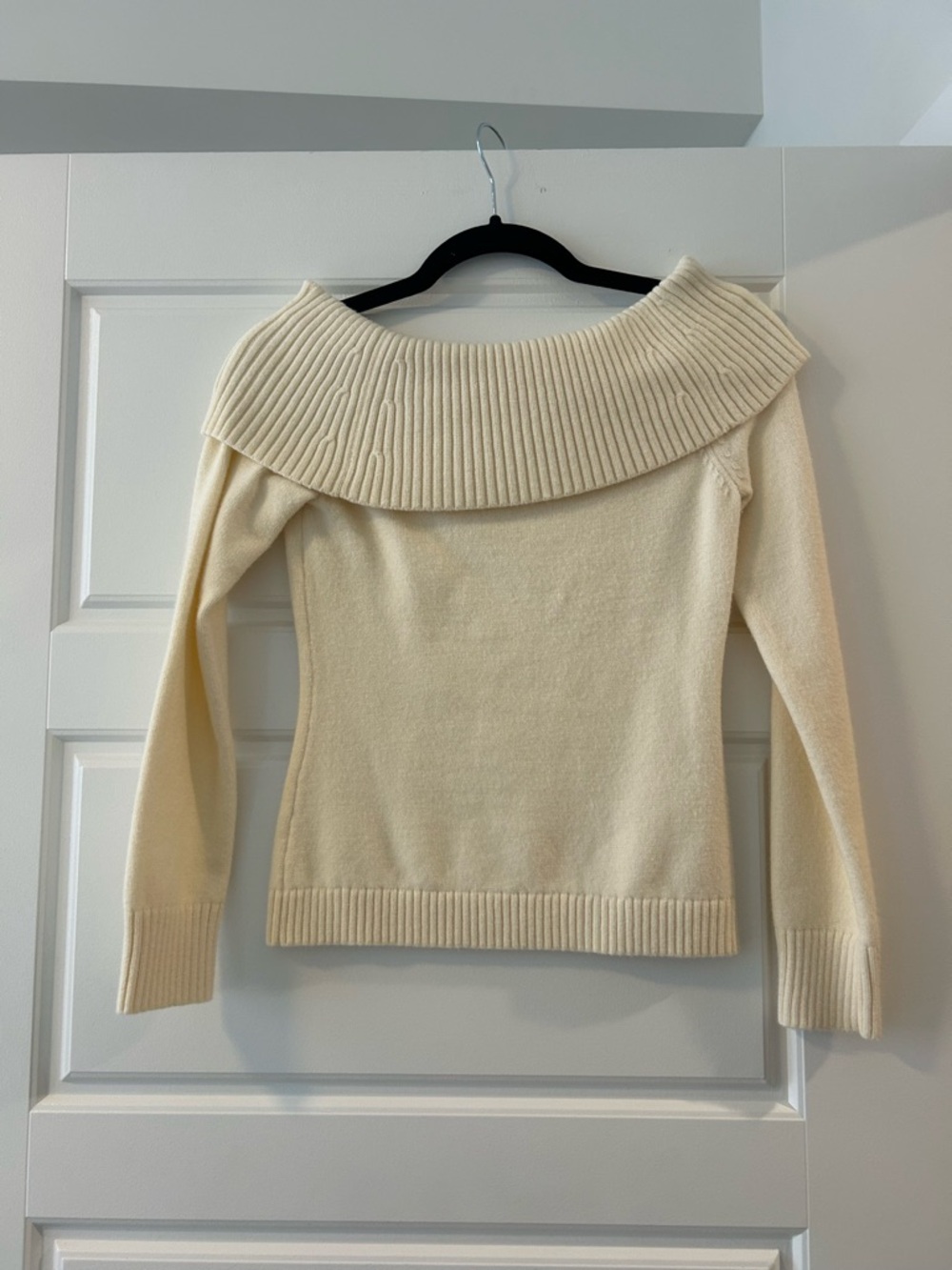 Off-Shoulder Ribbed Foldover Sweater in Cream